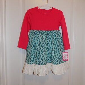 NWT RicRac & Ruffles Dress 4T Pink L/S Christmas Green Pine Needle White Snowfla